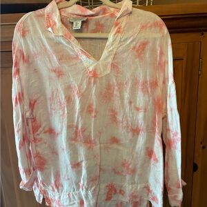Rachel Zoe White and Pink Tie-Dye V-Neck Linen Blend Blouse